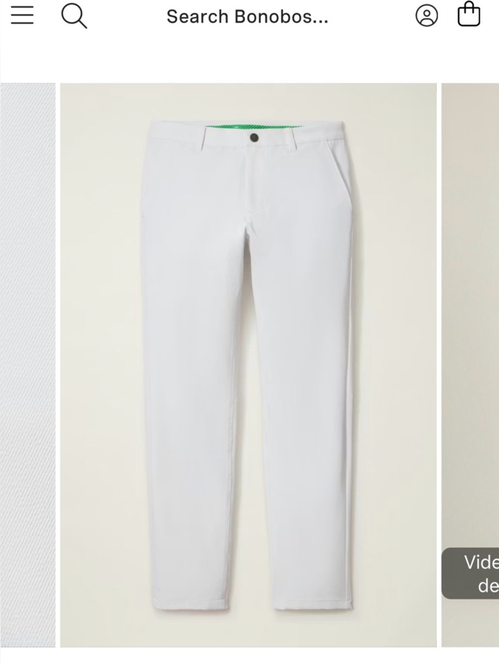 Bonobos White wrinkle free pants with green waist shirt gripper .. orig 149.